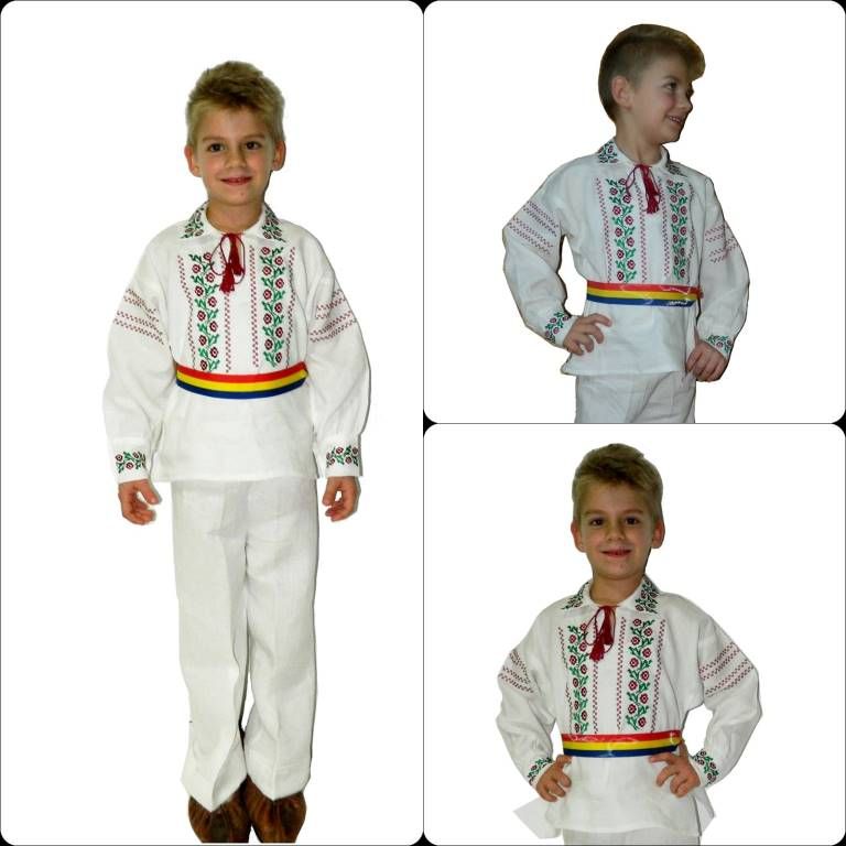 Tinuta pentru baieti cu camasa brodata si brau tricolor